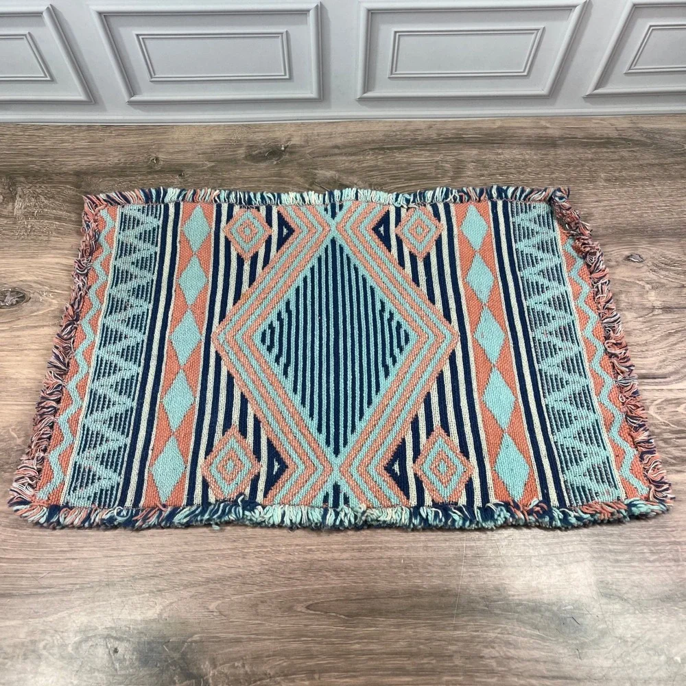 Southwestern Fringed Woven Placemats Set of 2 Blue Coral Geometric Reversable